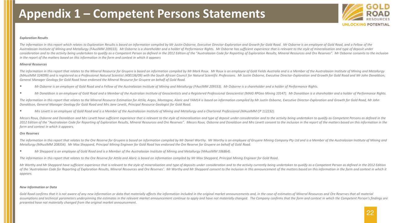 Appendix 1 – Competent Persons Statements