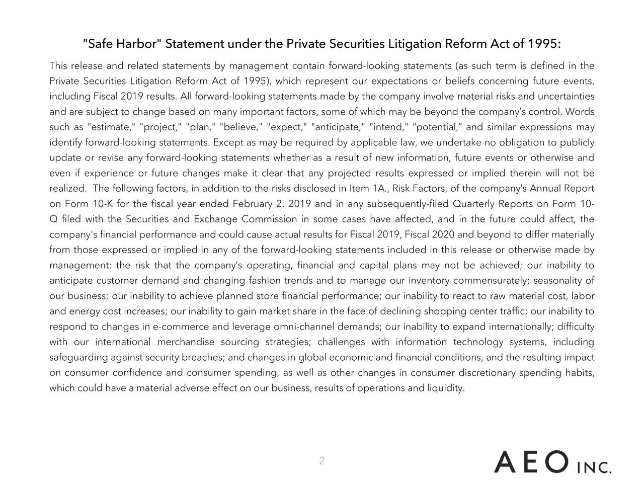 "Safe Harbor" Statement under the Private Securities Litigation Reform Act of 1995: