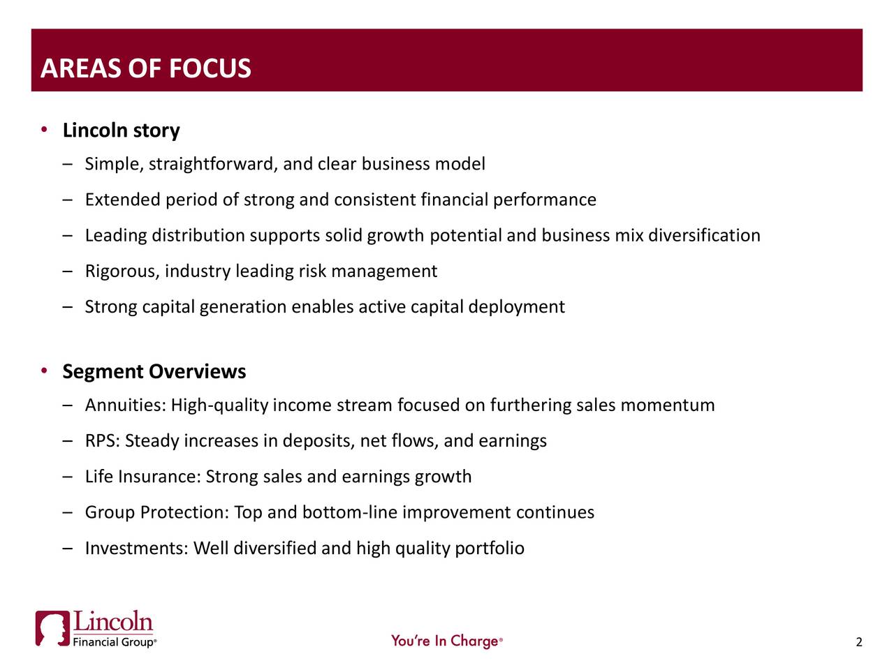 Lincoln story Simple straightforward and clear business model Extended period of strong and consistent 3 Retirement Plan Annuities Life Insurance