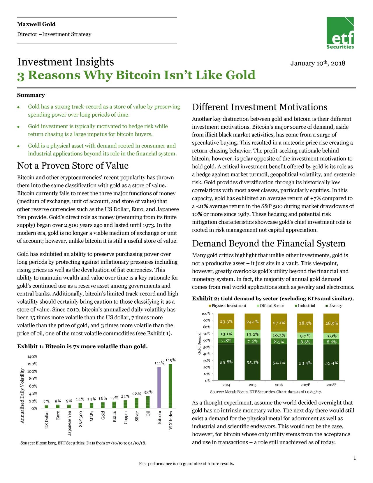 Director -Investment Strategy Investment Insights January 10 , 2018 3 Reasons Why Bitcoin Isn't Like Gold Summary ?,? Gold has a strong track-record as a store of value by preserving Different Investment Motivations spending power over long periods of time. Another key distinction between gold and bitcoin is their different ?,? Gold investment is typically motivated to hedge risk while investment motivations. Bitcoin's major source of demand, aside return chasing is a large impetus for bitcoin buyers. from illicit black market activities, has come from a surge of speculative buying. This resulted in a meteoric price rise creating a ?,? Gold is a physical asset with demand rooted in consumer and industrial applications beyond its role in the financial system. return-chasing behavior. The profit-seeking rationale behind bitcoin, however, is polar opposite of the investment motivation to Not a Proven Store of Value hold gold. A critical investment benefit offered by gold is its role as a hedge against market turmoil, geopolitical volatility, and systemic Bitcoin and other cryptocurrencies' recent popularity has thrown them into the same classification with gold as a store of value. risk. Gold provides diversification through its historically low correlations with most asset classes, particularly equities. In this Bitcoin currently fails to meet the three major functions of money capacity, gold has exhibited an average return of +7% compared to (medium of exchange, unit of account, and store of value) that other reserve currencies such as the US Dollar, Euro, and Japanese a -21% average return in the S&P 500 during market drawdowns of 10% or more since 1987. These hedging and potential risk Yen provide. Gold's direct role as money (stemming from its finite mitigation characteristics showcase gold's chief investment role is supply) began over 2,500 years ago and lasted until 1973. In the rooted in risk management not capital appreciation. modern era, gold is no longer a viable medium of exchange or unit of account; however, unlike bitcoin it is still a useful store of value. Demand Beyond the Financial System Gold has exhibited an ability to preserve purchasing power over Many gold critics highlight that unlike other investments, gold is long periods by protecting against inflationary pressures including not a productive asset - it just sits in a vault. This viewpoint, rising prices as well as the devaluation of fiat currencies. This however, greatly overlooks gold's utility beyond the financial and ability to maintain wealth and value over time is a key rationale for monetary system. In fact, the majority of annual gold demand gold's continued use as a reserve asset among governments and comes from real world applications such as jewelry and electronics. central banks. Additionally, bitcoin's limited track-record and high volatility should certainly bring caution to those classifying it as a Exhibit 2: Gold demand by sector (excluding ETFs and similar) . Physical Investment Official Sector Industrial Jewelry store of value. Since 2010, bitcoin's annualized daily volatility has 100% been 15 times more volatile than the US dollar, 7 times more 90% volatile than the price of gold, and 3 times more volatile than the 23.3% 24.1% 27 .1% 28.3% 28.9% 80% price of oil, one of the most volatile commodities (see Exhibit 1). 70% 13.1% 13.2% 10.3% 9.7 % 9.0% 60% 7 .8% 7 .6% 8.5% 8.6% 8.6% Exhibit 1: Bitcoin is 7x more volatile than gold. 50% G40% Demand 140% 111% 119% 30% 55.8% 55.1% 54.1% 53.4% 53.4% 120% 20% 100% 10% 80% 0% 60% 2014 2015 2016 2017F 2018F 40% 28% 33% Source:MetalsFocus, ETFSecurities.Chart dataasof10/25/17. 14% 14% 16% 17% 21% 20% 7 % 9% 9% As a thought experiment, assume the world decided overnight that 0% gold has no intrinsic monetary value. The next day there would still Euro Gold Oil exist a demand for the physical metal for adornment as well as Annualized Daily Volatility MLPs REITsCopperlver Bitcoin US Dollar S&P 500 industrial and scientific endeavors. This would not be the case, VIX Index Japanese Yen however, for bitcoin whose only utility stems from the acceptance Source: Bloomberg, ETFSecurities. Datafrom 07/19/10 to01/10/18. and use in transactions - a role still unachieved as of today. 1 Past performance is no guarantee of future results.