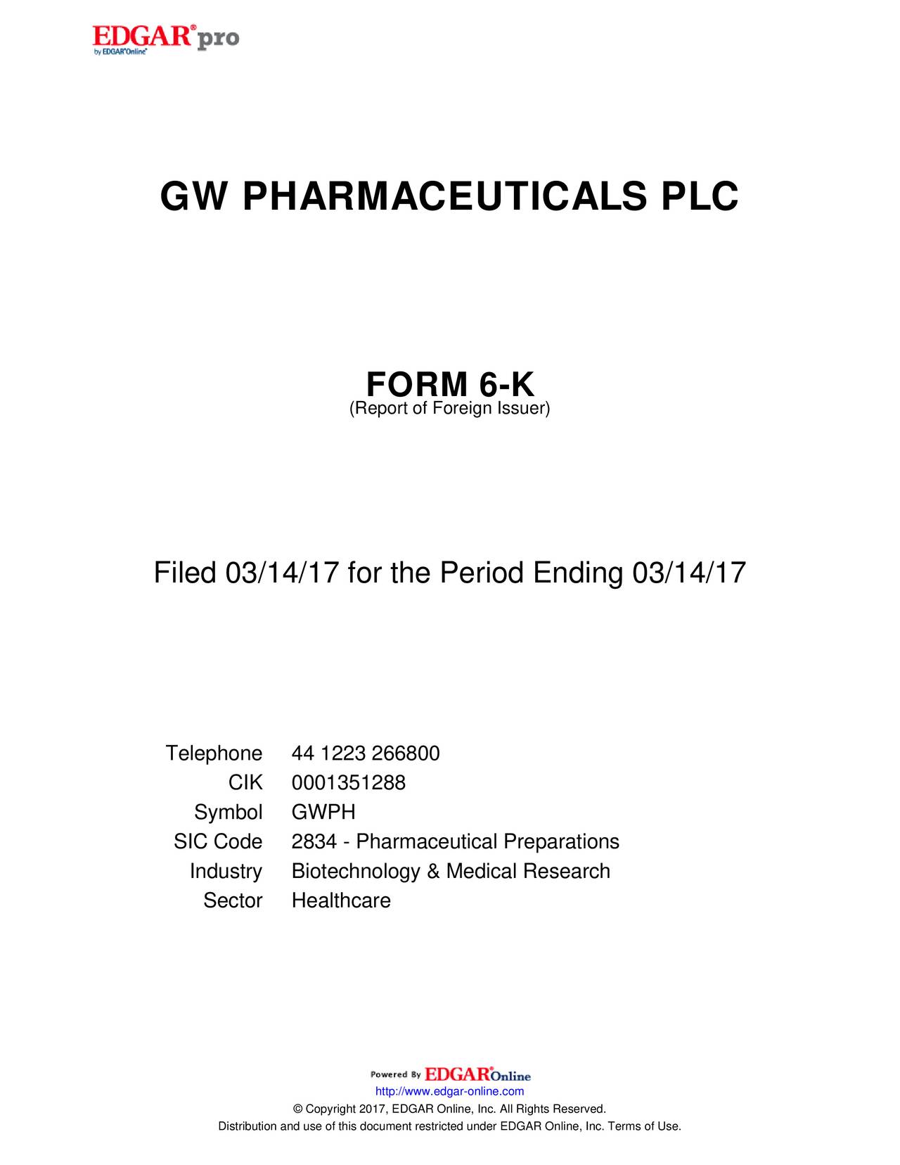 GW Pharmaceuticals (GWPH) Investor Presentation GW Pharmaceuticals (GWPH) Investor Presentation