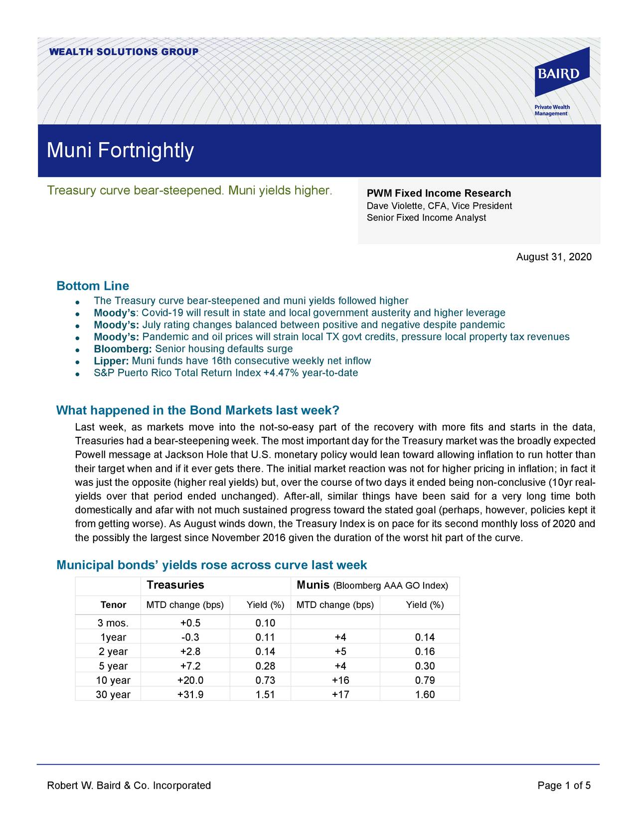Treasury Curve Bear-Steepened; Muni Yields Higher - Muni Fortnightly, August 31, 2020