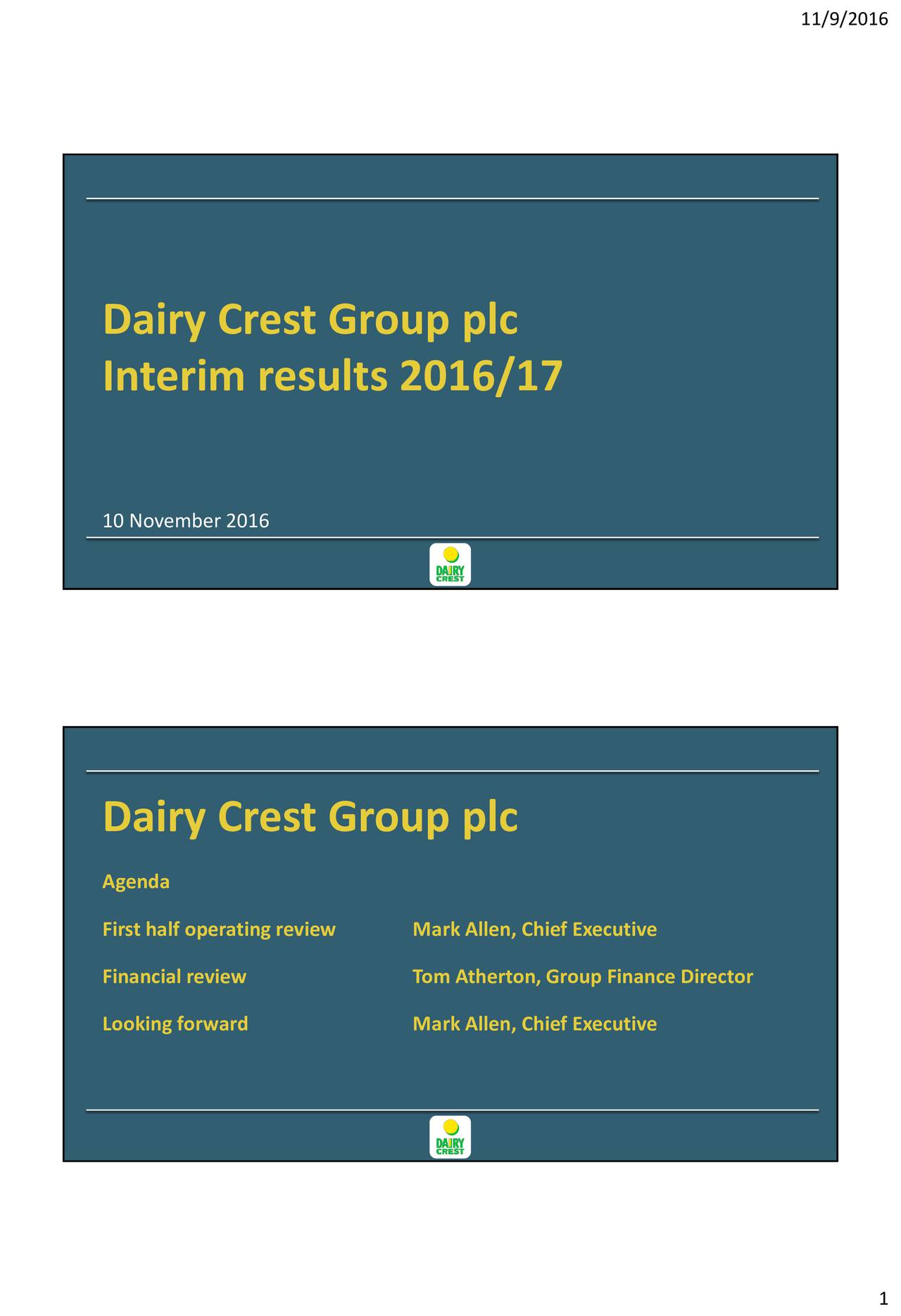 Dairy Crest Group ADR 2016 Q2 Results Earnings Call Slides (OTCMKTS