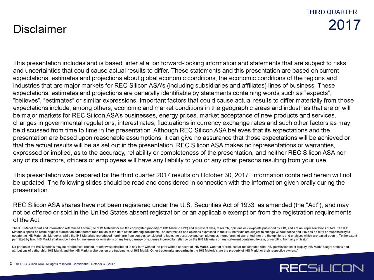 REC SILICON ASA ADR 2017 Q3 - Results - Earnings Call Slides - REC Silicon ASA (OTCMKTS:RNWEY ...