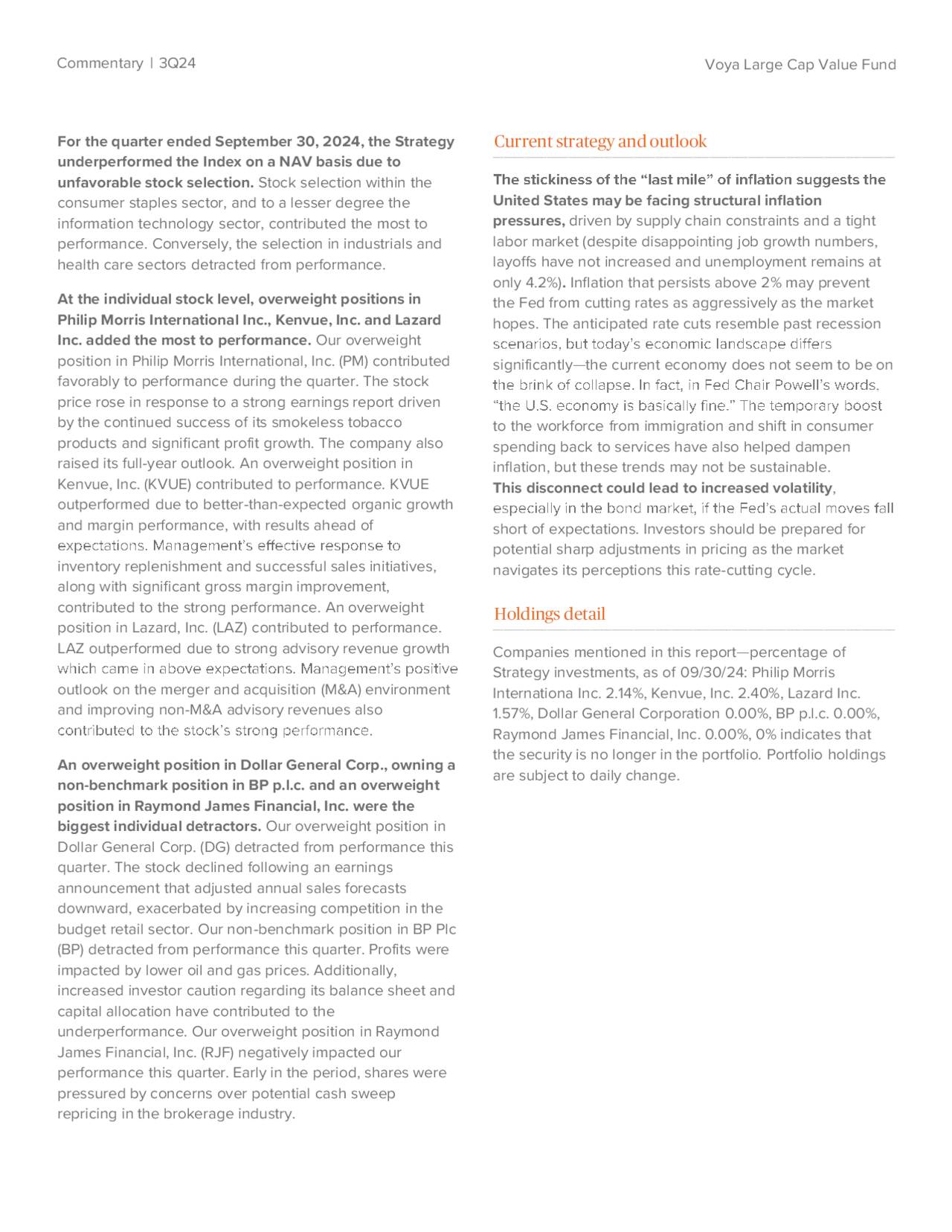Voya Large Cap Value Fund Q3 2024 Commentary Mutual Fund IEDAX Voya large cap value fund q3 2024 commentary mutual fund iedax