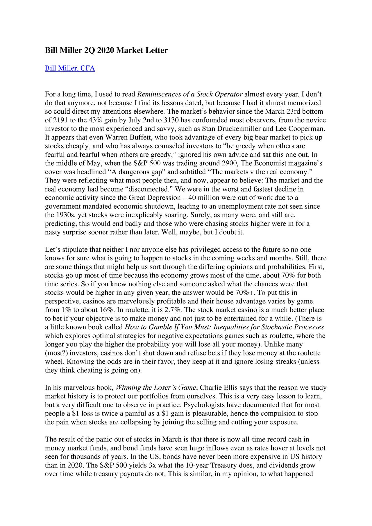 Bill Miller Q2 2020 Market Letter Seeking Alpha