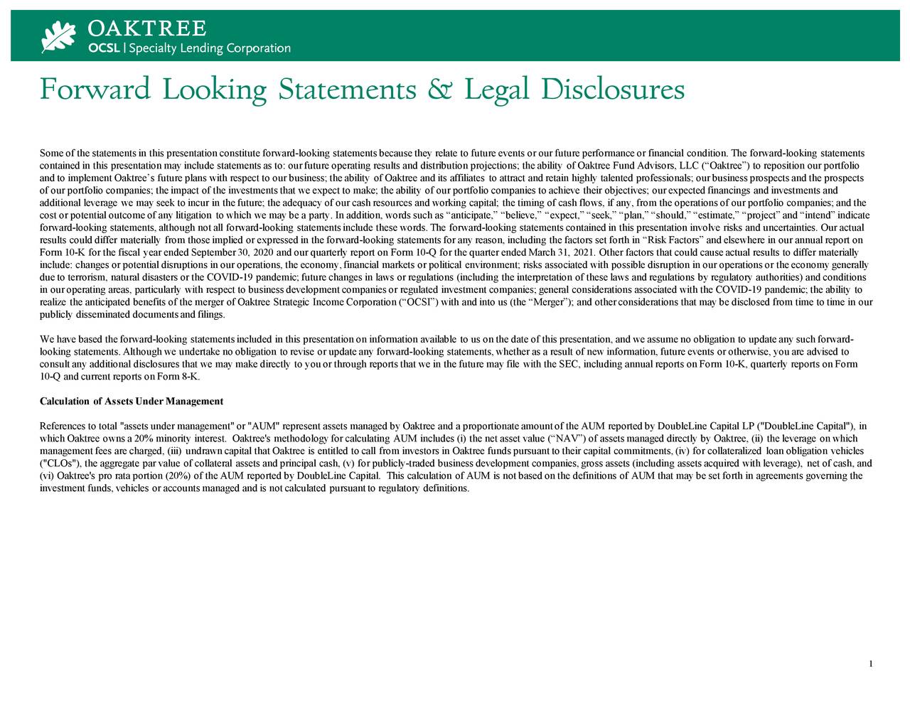 Forward Looking Statements & Legal Disclosures