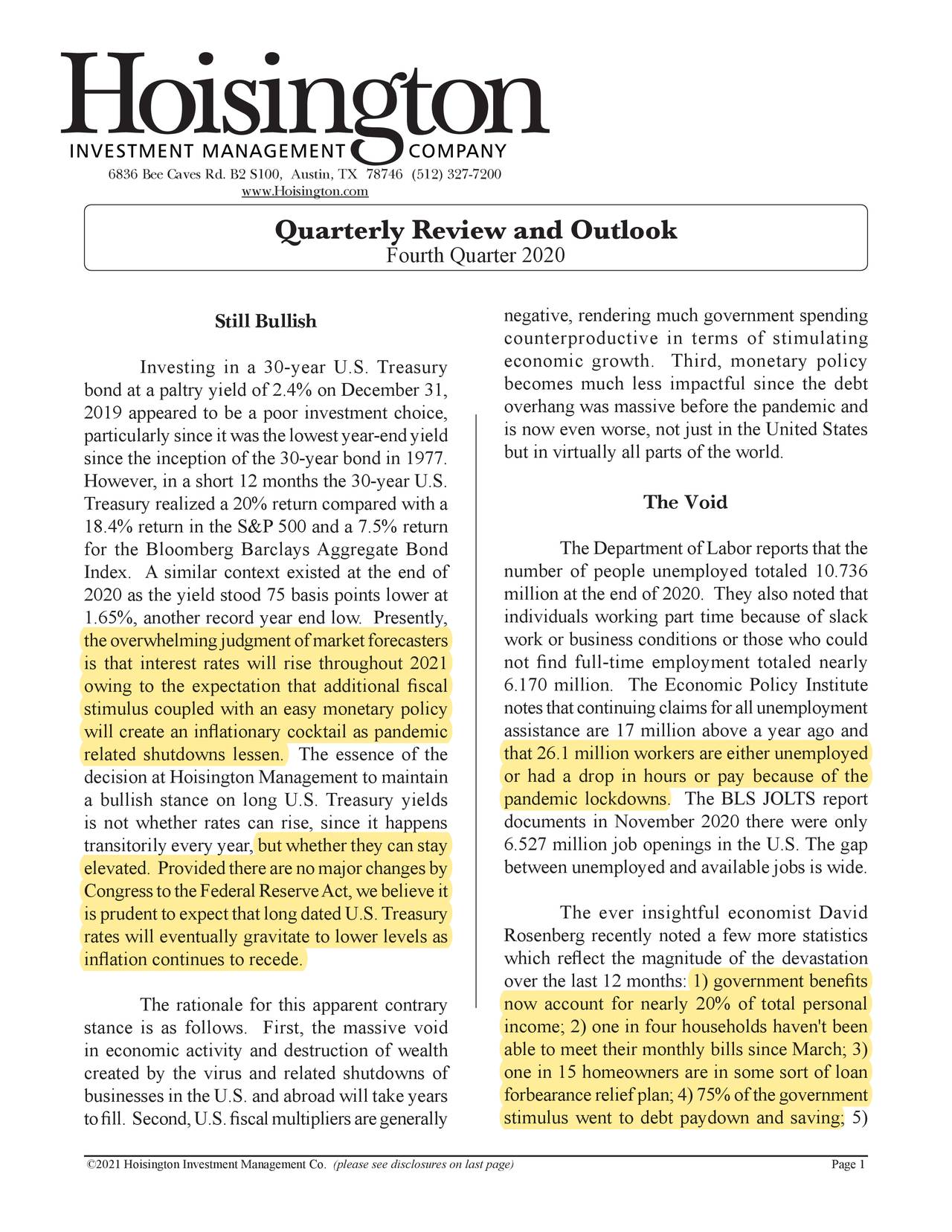 Hoisington Investment Management Q4 2020 Investor Letter Seeking Alpha