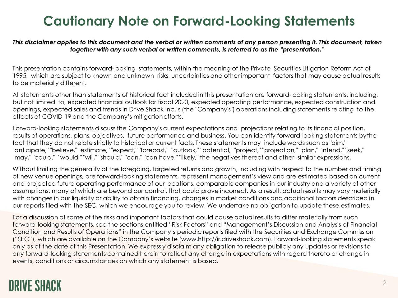 Cautionary Note on Forward-Looking Statements