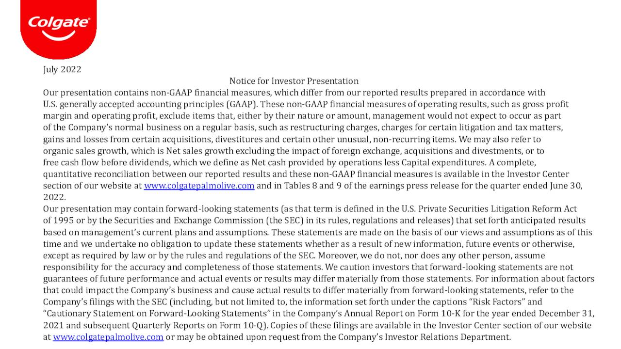 ColgatePalmolive Company 2022 Q2 Results Earnings Call