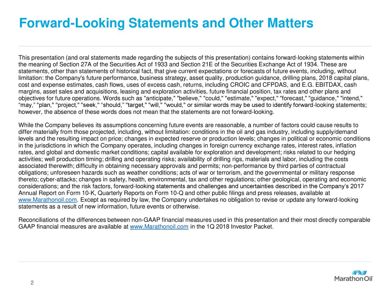 Forward-Looking Statements and Other Matters