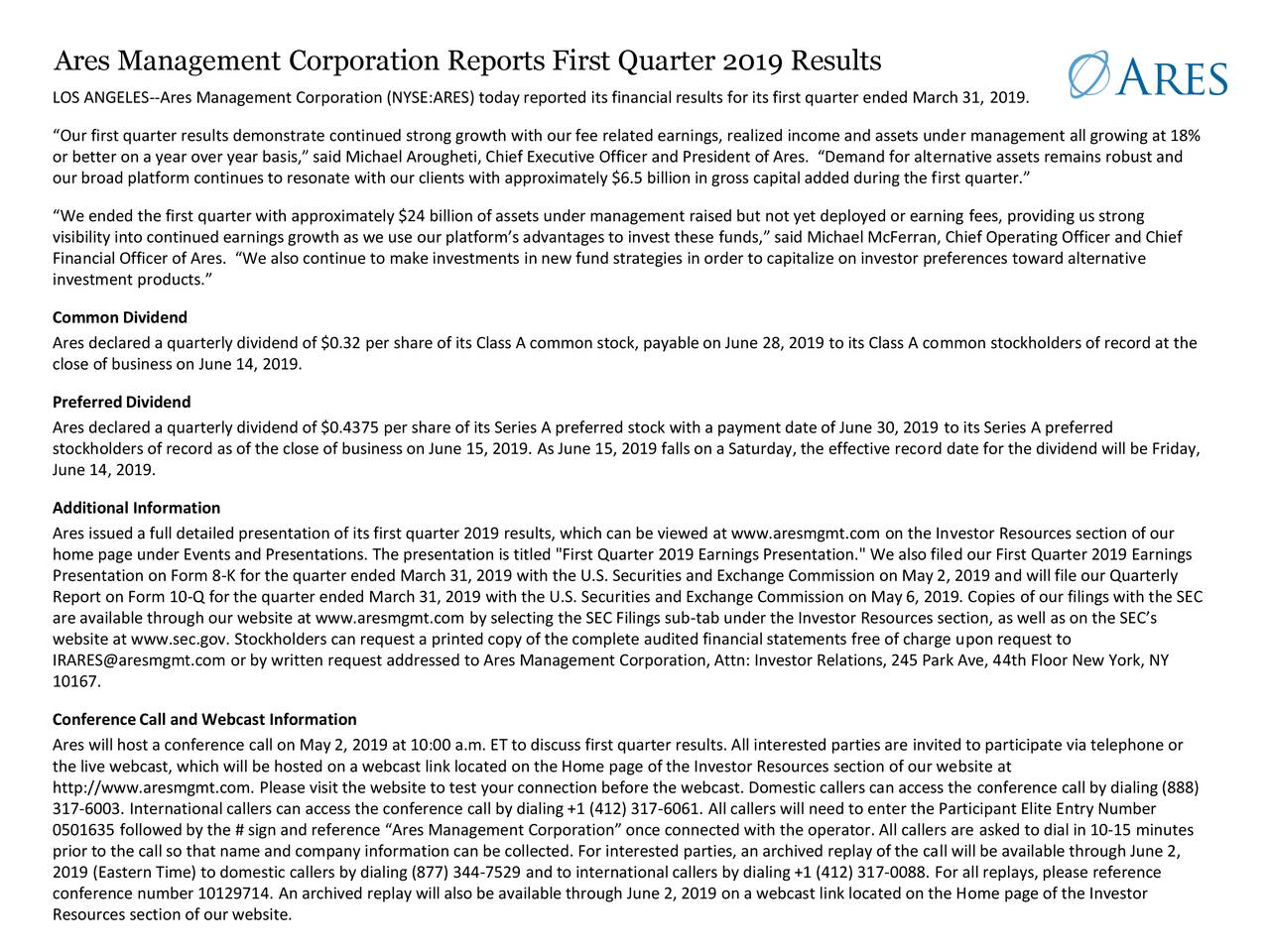 Ares Management Corporation 2019 Q1 - Results - Earnings Call Slides ...