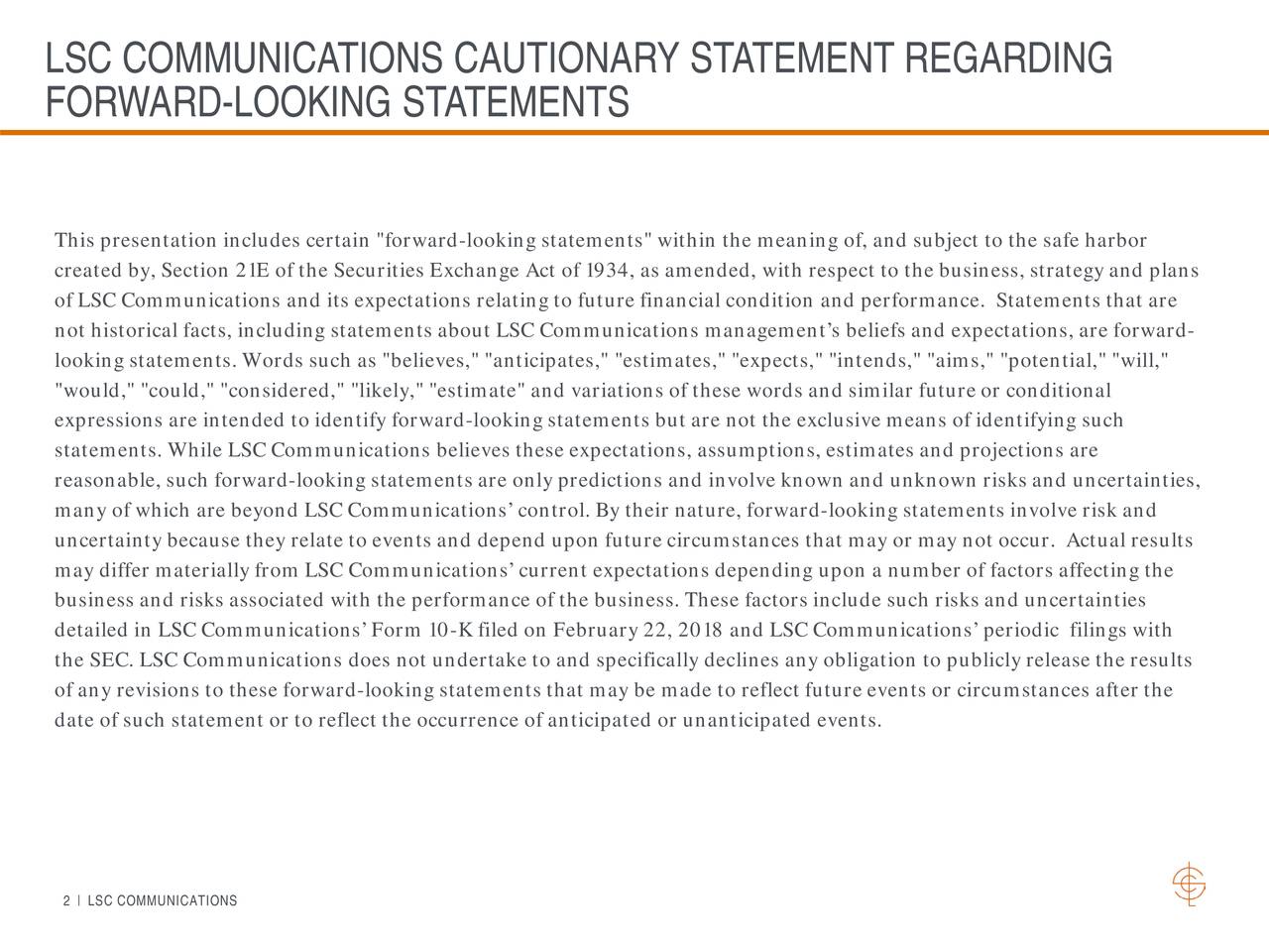 LSC COMMUNICATIONS CAUTIONARY STATEMENT REGARDING