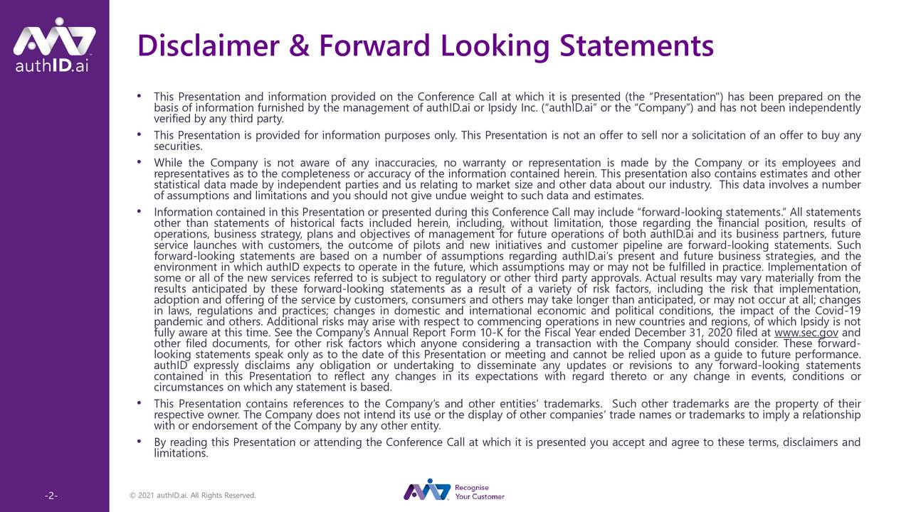 Disclaimer & Forward Looking Statements