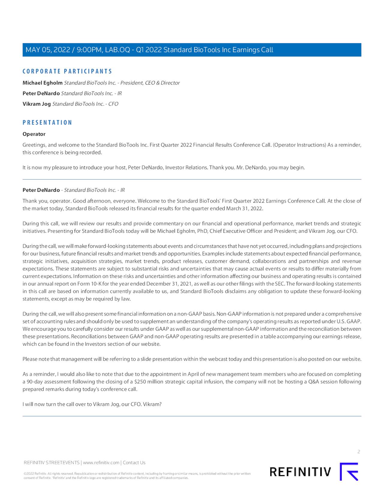 Standard BioTools Inc. 2022 Q1 Results Earnings Call Presentation