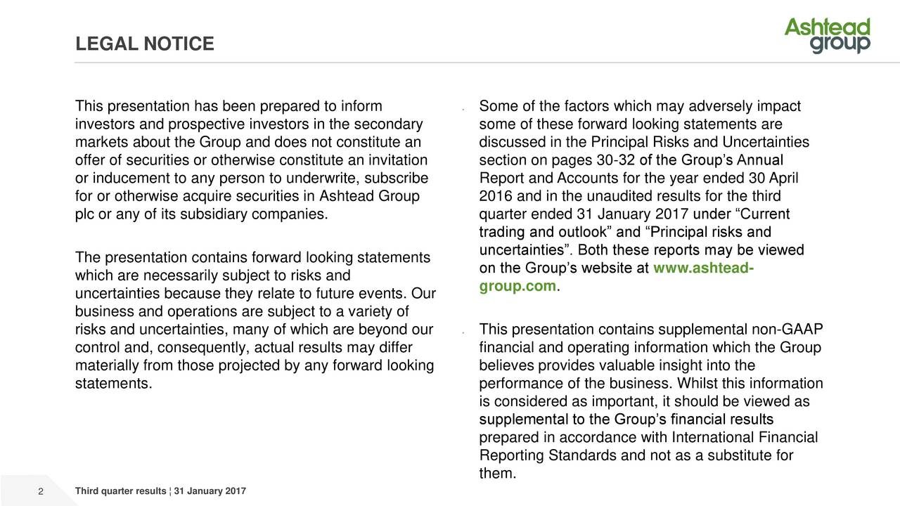Ashtead Group PLC 2017 Q3 Results Earnings Call Slides (OTCMKTS