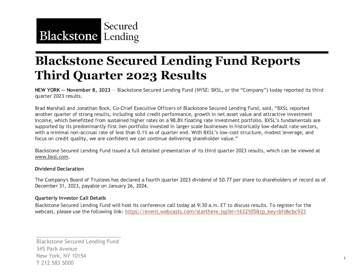 Blackstone Secured Lending Fund. 2023 Q3 Results Earnings Call