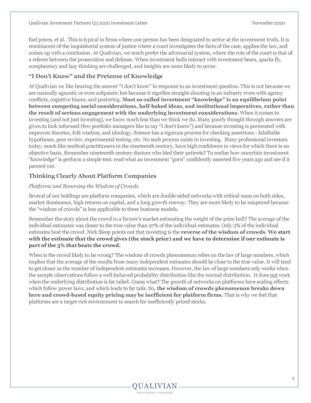 Qualivian Investment Partners Q3 2020 Investment Letter                                            November 2020