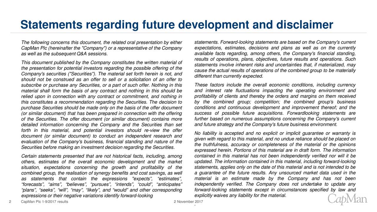 Statements regarding future development and disclaimer