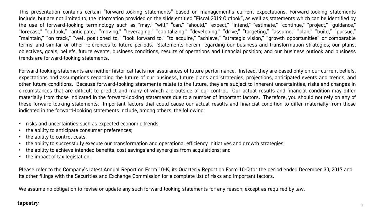 Tapestry, Inc. 2018 Q4 Results Earnings Call Slides (NYSETPR