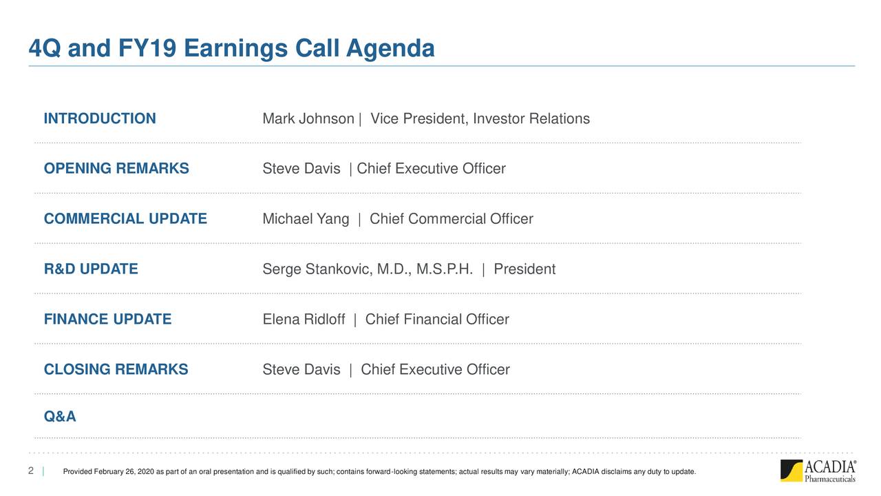 4Q and FY19 Earnings Call Agenda