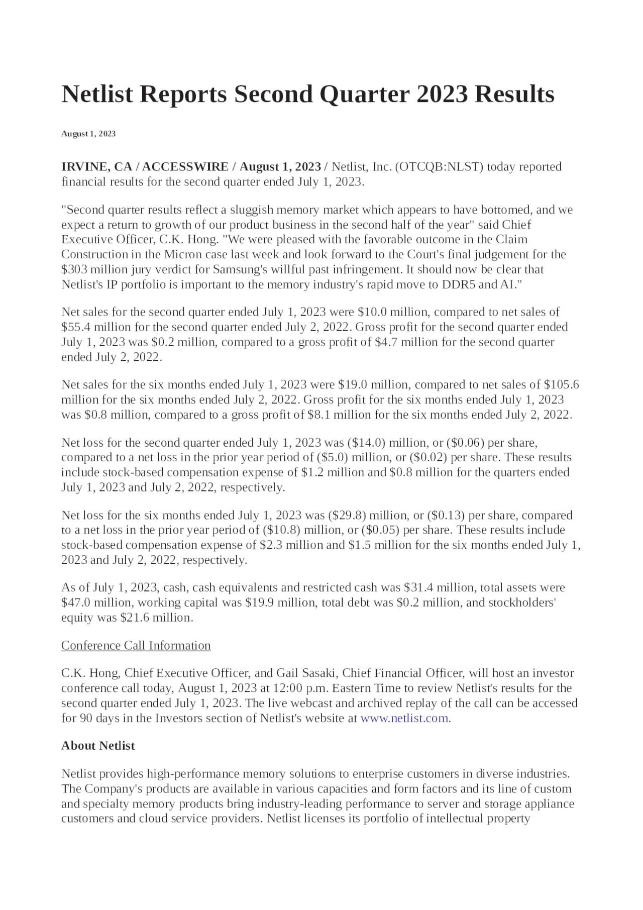 Netlist Reports Second Quarter 2023 Results