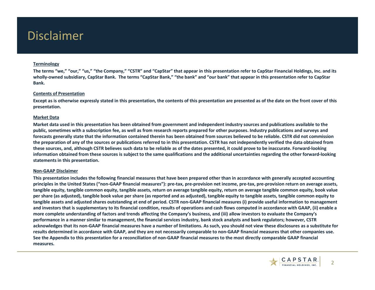 CapStar Financial Holdings 2018 Q1 Results Earnings Call Slides