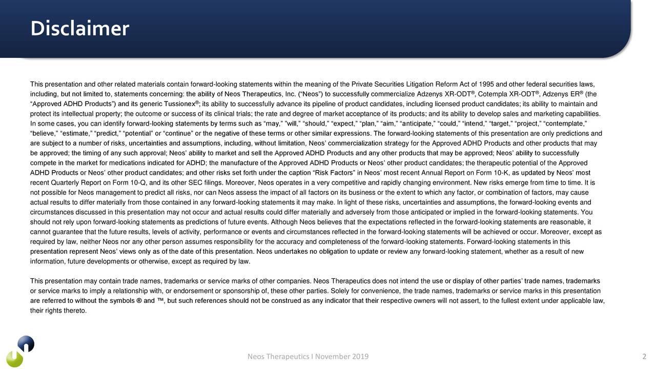 Neos Therapeutics, Inc. 2019 Q3 Results Earnings Call Presentation