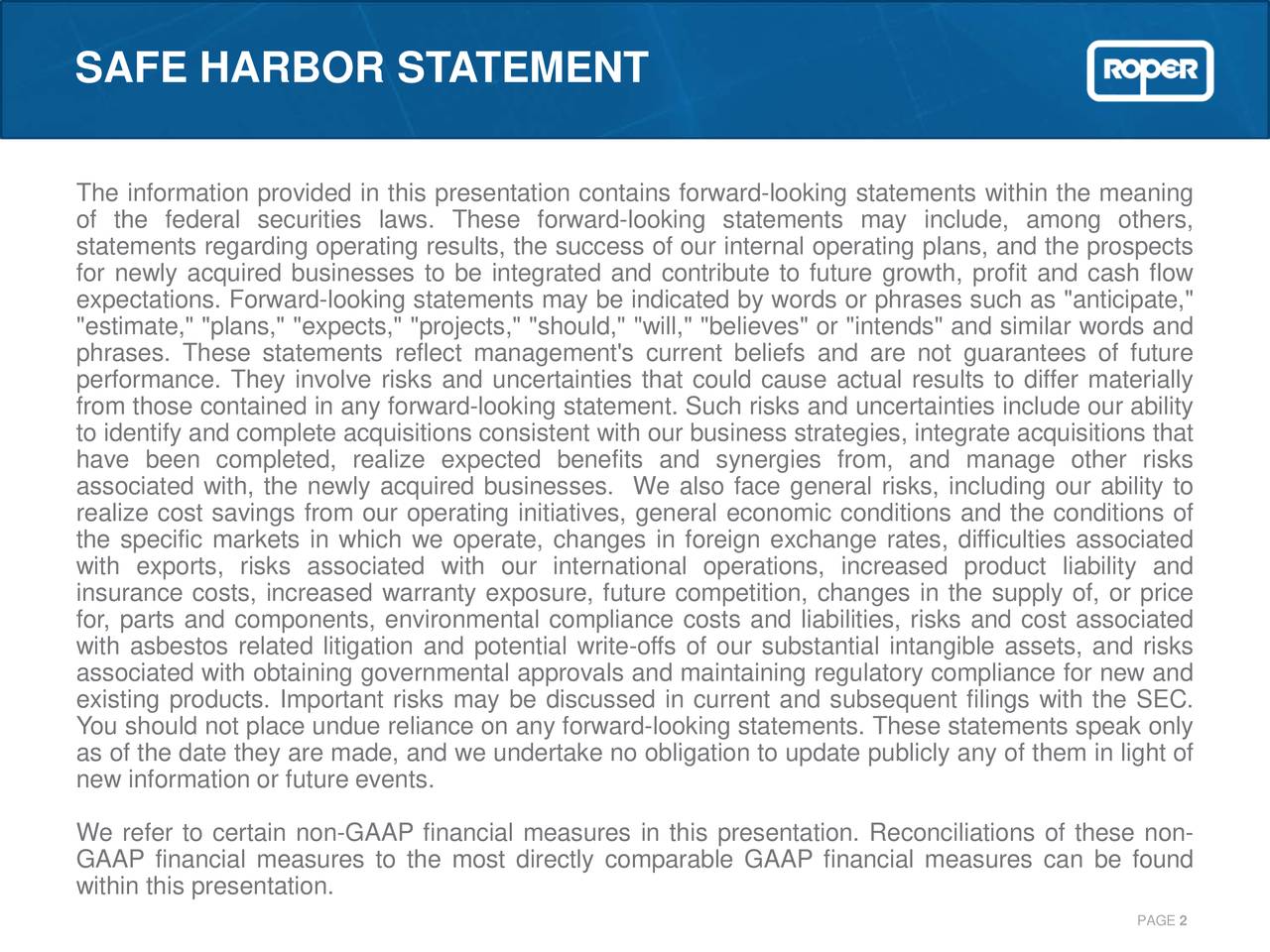 Roper Technologies, Inc. 2018 Q4 Results Earnings Call Slides