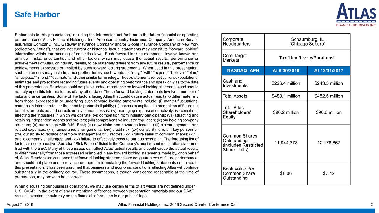 Atlas Financial Holdings 2018 Q2 Results Earnings Call